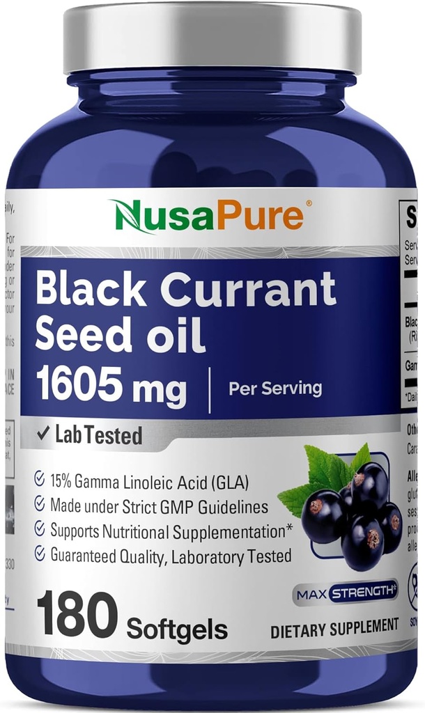 NusaPure Black Currant Seed Oil 1605 mg Gamma Linoleic Acid (GLA) 15% 180 Softgels (No-GMO, Soyfree)
