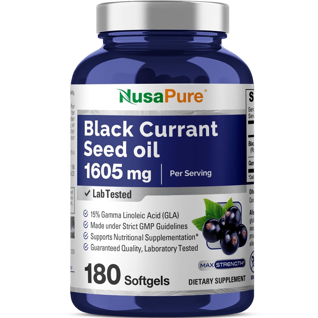 NusaPure Black Currant Seed Oil 1605 mg Gamma Linoleic Acid (GLA) 15% 180 Softgels (Non-GMO, Soyfree)