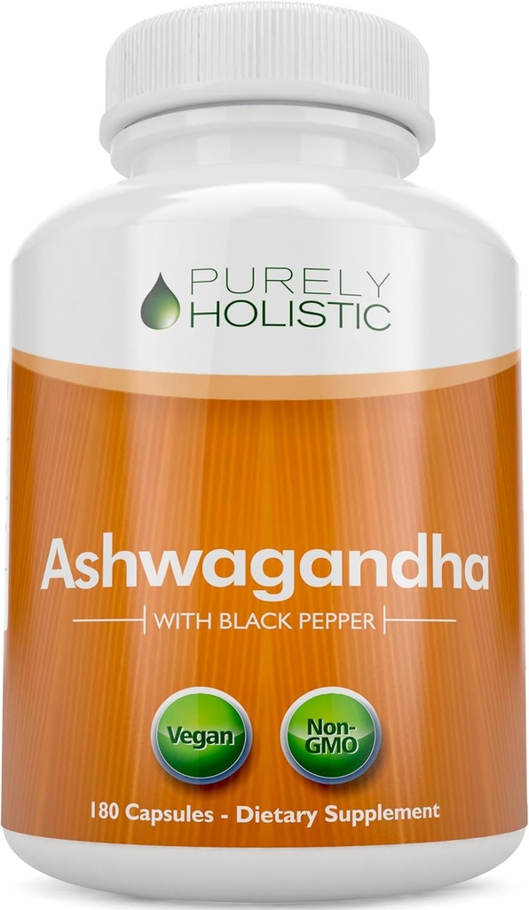 Puramente Holístico Ceniza ecológica Ashwagandha 1300mg - 180 Cápsulas Vegan - 650mg de Ashwaganda por Cápsula - 3 Mes de Abastecimiento - Alta Fuerza Ceniza de Ceniza Extracto con Pimienta Negra