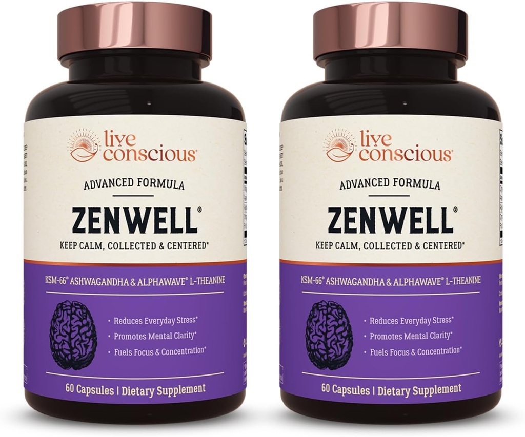 Live Conscious KSM-66 Ashwagandha Suplemento w/L Theanine & AlphaWave - ZenWell Todos los días Stress Relief, Cognitive, Brain Health - Ashwagandha for Men &amp; Women - 60 cápsulas (2-Pack)