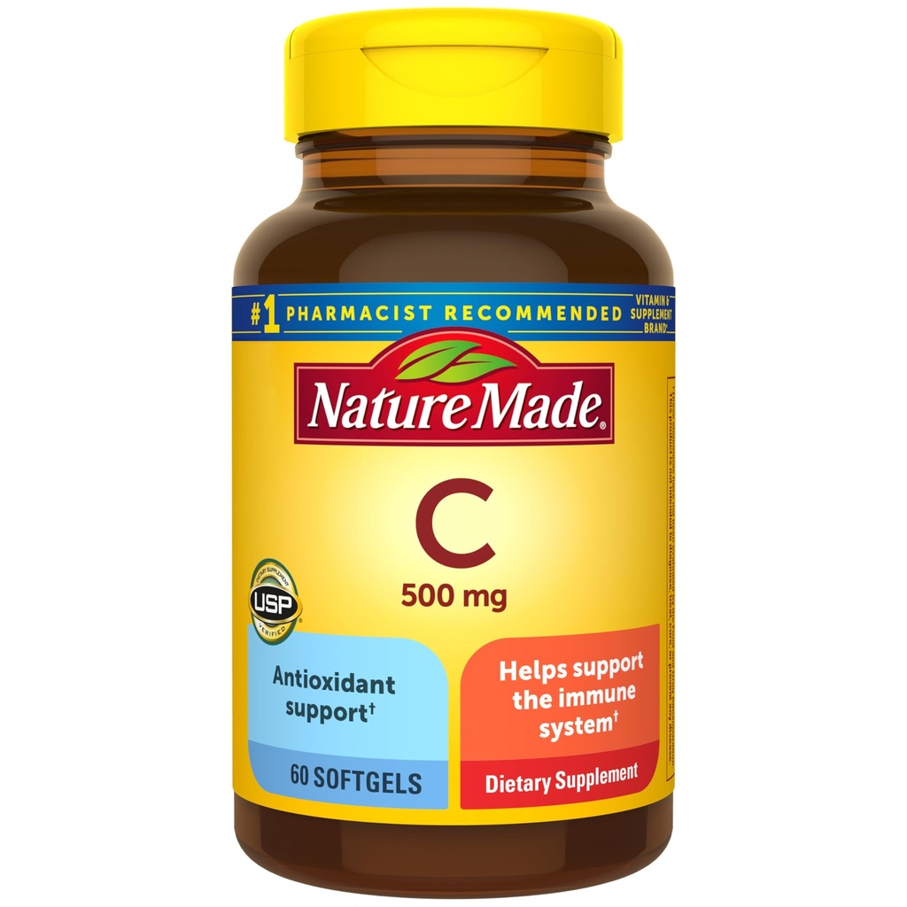 Nature Made Vitamina C 500 mg, Suplemento dietético para Soporte Inmunitario, 60 Softgels, 60 Day Supply