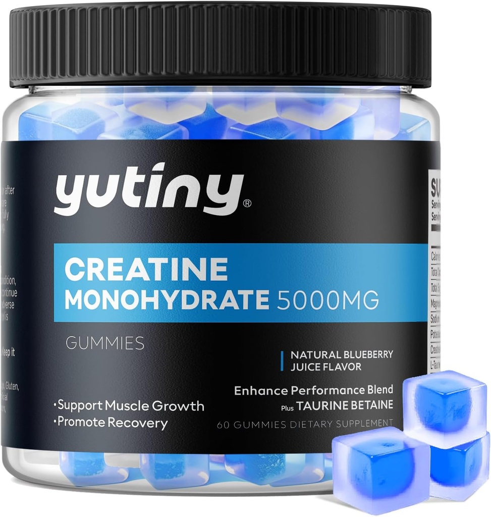 Monohidratos de crema de Monohidratos de Gummies llenas, Mandíbulas de Monohidratos de Creatina para Hombres &amp; Mujeres, Fuerza Extra para el Crecimiento Musculo, Sabor de Blueberry, 60 Chewables, 1 Mes de Suministro