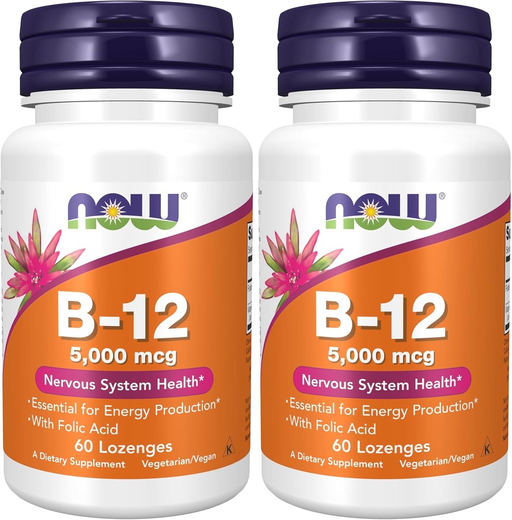 AHORA Suplementos, Vitamina B-12 5,000 mcg, con ácido fólico, Nervous System Health*, 60 Lozenges (Pack of 2)