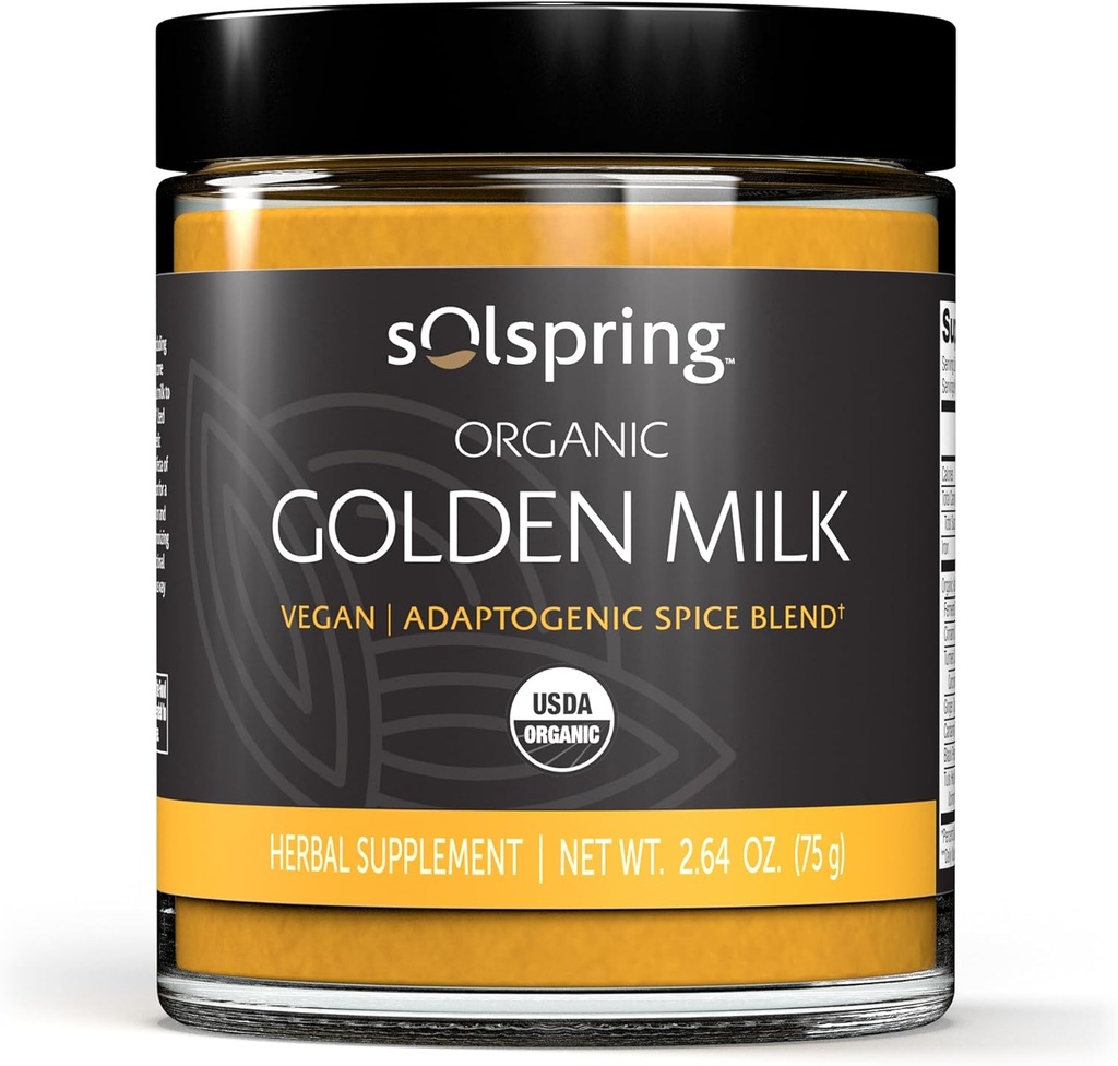 Dr. Mercola Solspring Organic Golden Milk Herbal Supplement, 2.64 Oz. (75 g), Vegan Spice Blend with Turmeric &amp; Ginger, Non GMO, Gluten Free, Soy Free, USDA Organic