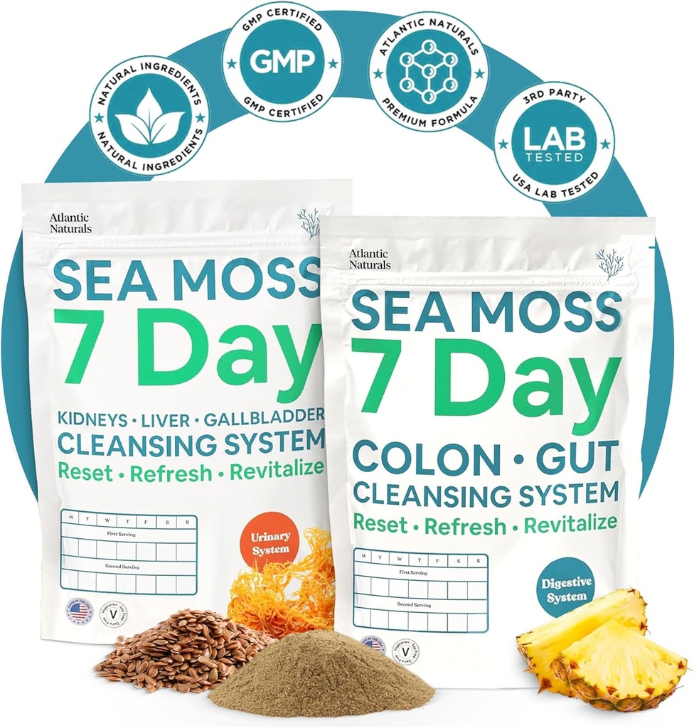Atlantic Naturals Sea Moss 7 días Full Body Cleanse Detox Bundle, Colon Cleanse Powder con Psyllium Husk Senna Powder &amp; Organic Sea Moss Powder Kidney, Liver, Gallbladder, Pineapple Flavor Drink Mix