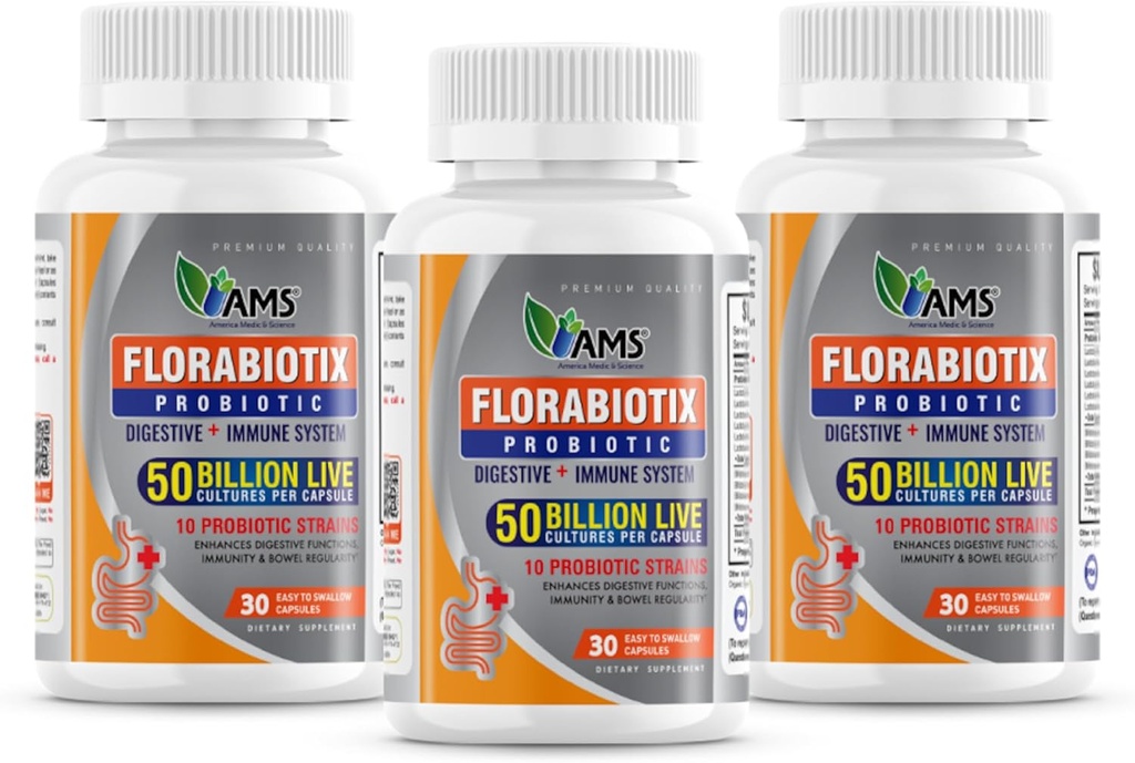 America Medic &amp; Science Florabiotix Probiotic (90 Capsules) ← Suplemento dietético para hombres y mujeres sometidos 50 Billion Live Cultures TEN 10 Probiotic Strains TEN soporta Digestive and Immune Health (Pack of 3)