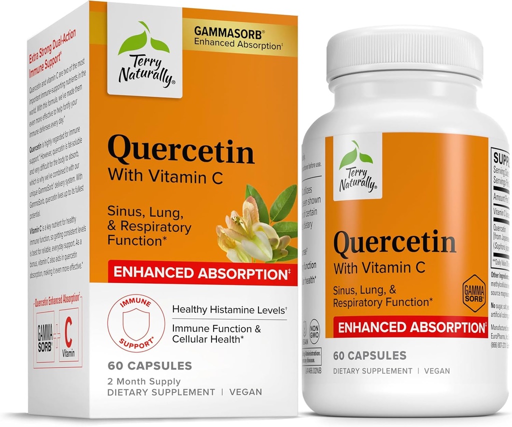 Terry Naturalmente Quercetina con vitamina C Absorción Reforzada - Suplemento de Quercetina para Apoyo Inmunitario &amp; Salud Celular - Suplemento Respiratorio para Sinus &amp; Lung Health - 60 cápsulas