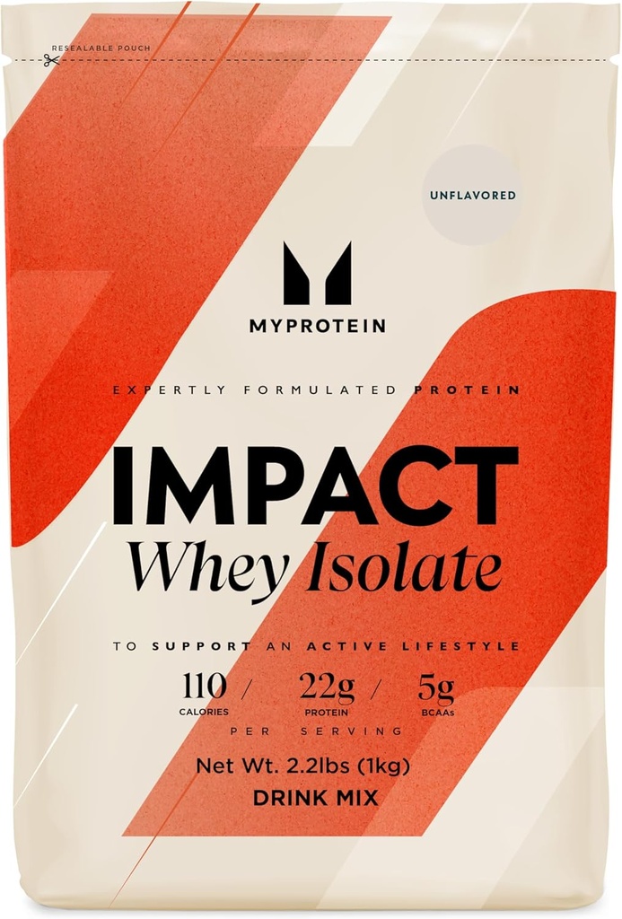 Myprotein Impact Whey Protein Isolate, 2.2 Lbs (40 Servings) Unflavored, 22g Protein, 3.5g Glutamine " 4.5g BCAA Por Serving, Shake for Muscle Strength " Recovery