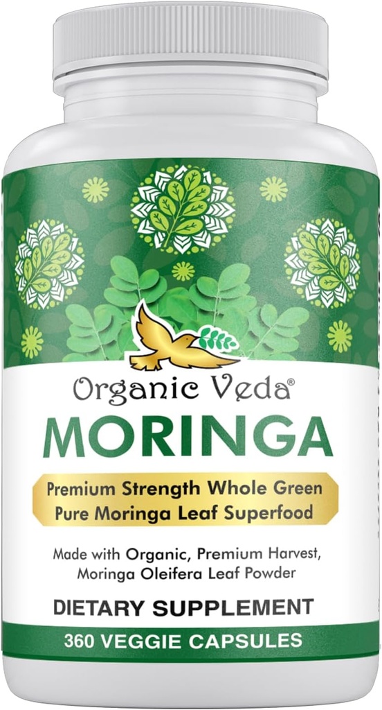 Organic Veda Moringa Leaf Powder Capsules, 1000mg, 360 Conde - True Green Native Organic Moringa Oleifera, Premium Strength Nutrient Dense 100% Pure Leaves - Energy, Sleep &amp; Immunity Support - Vegan