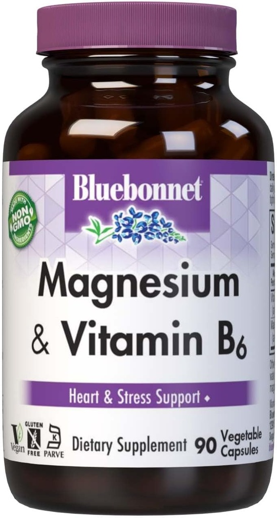 Magnesio de Nutrición de Bluebonnet " B6 – 400 mg Oxido de Magnesio " Aspartate with Vitamin B6 25 mg – Complejo de Magnesio de Corazón " para Hombres de Mujeres* - No GMO, Vegan, Sin gluten - 90 cápsulas vegetales