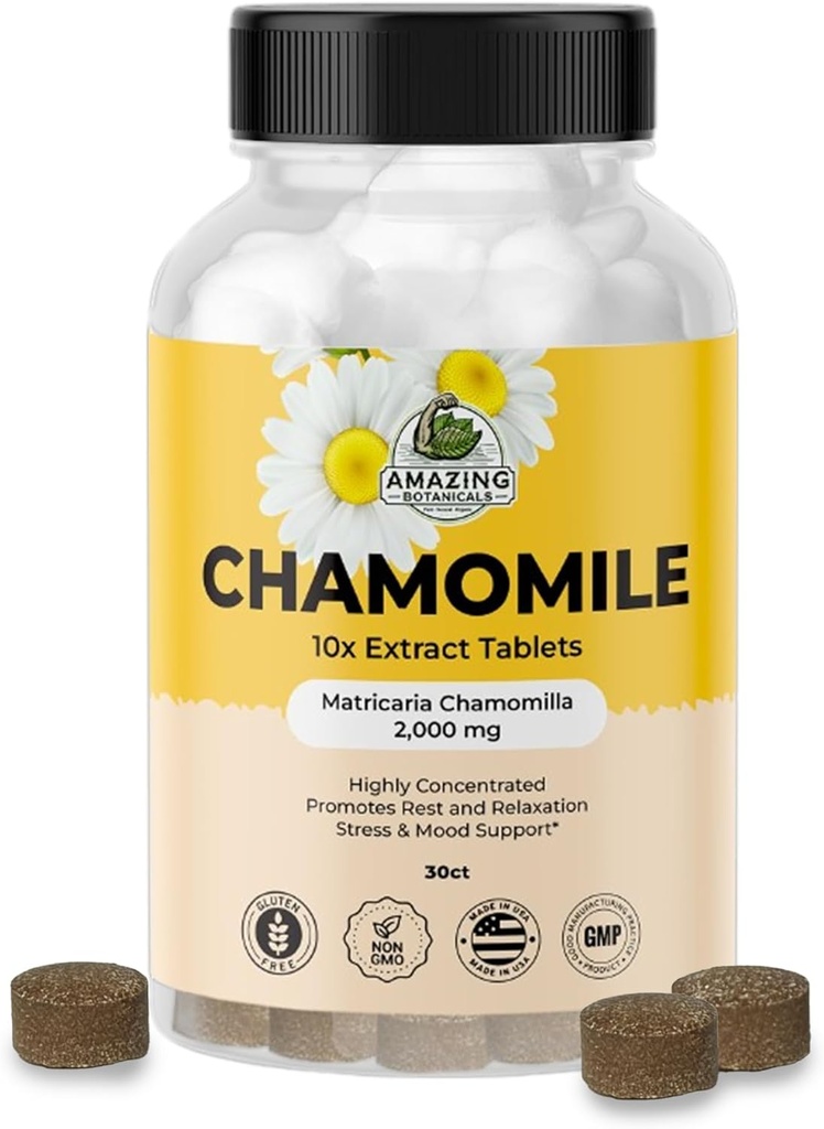 Amazing Botanicals Organic Chamomile Extract Tablets - Matricaria Chamomilla Plant-Based Suplemento - 10x Extract 2000 MG Cada - promueve la relajación - 30 Tablets