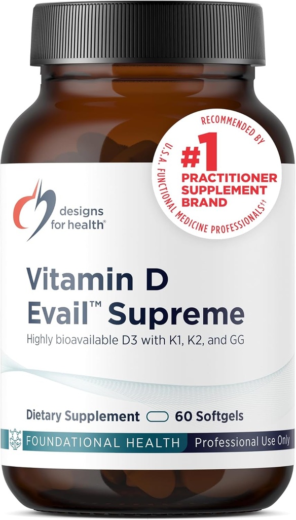 Diseños para la salud D-Evail Supreme - 5,000 IU Vitamina D3 Suplemento con VIT K (K1, K2 como MK-4) + GG - Bone, Cardiovascular + Immune Support - Mejora de la biodisponibilidad (60 Softgels)