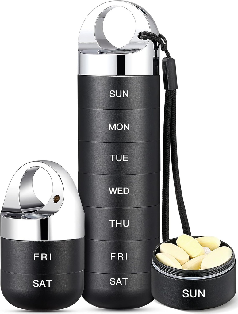 Zannaki Metal Travel Pill Organizer, Portable Waterproof Caja semanal de píldoras, Gran Contenedor de caja de aleación de aluminio, BPA Gratis 7 días Medicina diaria Organizador Holder para vitamina, aceite de pescado, suplemento