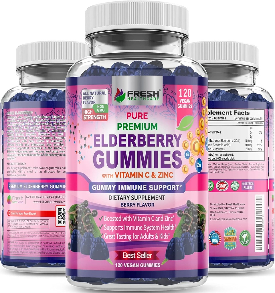 FRESH HEALTHCARE Gummies de arándano con vitamina C, Zinc &amp; Sambucus Elderberry 30:1 Extracto - 100% Vegan - Soporte para adultos &amp; niños - 120 Conde Gummy Suplemento