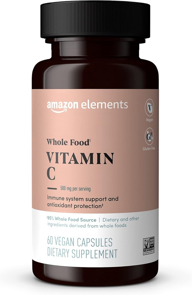   Elements - Whole Food Vitamin C, 95% Whole Food Source, Dietary and other ingredients derived from whole foods, Non-GMO verified ingredients, vegan certified, and gluten free, 60 capsules