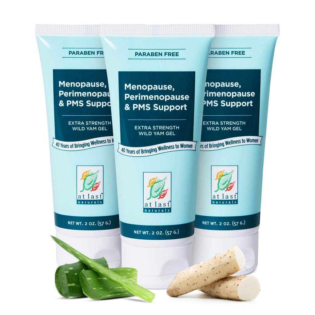 At Last Naturals Wild Yam Gel Extra Strength Menopause Relief, Perimenopause Support and PMS Relief, Can Help to Naturally Reduce Hot Flashes (2 oz, 3 Pack)