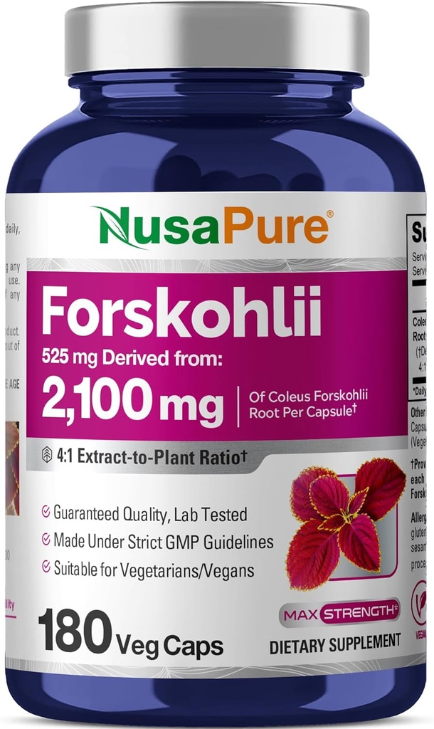 NusaPure Forskohlii 4:1 Extracto, 525 mg Equivalente a 21,00 mgper Veggie Caps - 180 Capsules (No-GMO, Gluten Free)