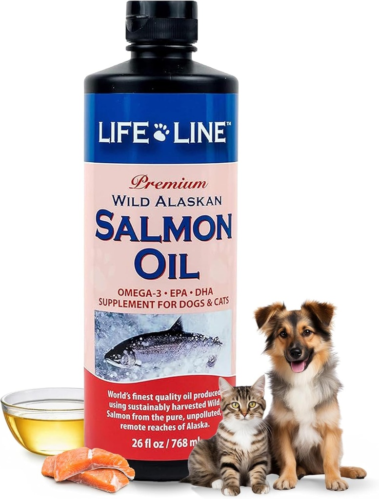 Life Line Salvaje Aceite de Salmón de Alaska Omega-3 Suplemento para perros y gatos ← DHA &amp; EPA para la piel sana, la carne, el cerebro y el corazón – 26 oz