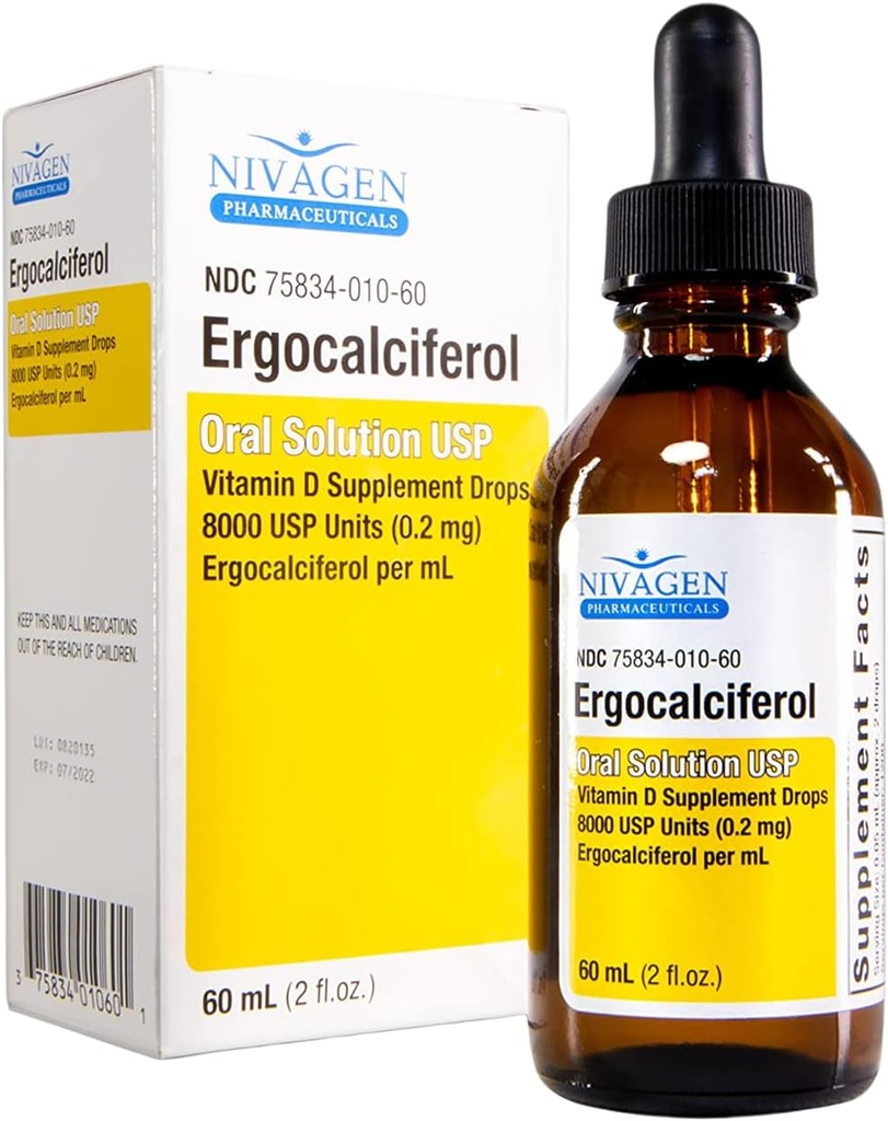 Nivagen Vitamina D2 Liquid Drops 8,000 USP (Ergocalciferol) TEN 400 UI por Serving TENIDO 2 Drops Once Daily TEN 1,200 Servings, 60ml (2 fl. oz) ANTE Faster Aborption TEN Bone, Muscle &amp; Immune Support ANTE Made in USA