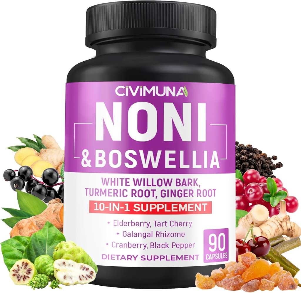 Noni Capsules with Boswellia, White Willow Bark, Turmeric, Ginger Root and More - 90 Capsules for 3 Months Supply