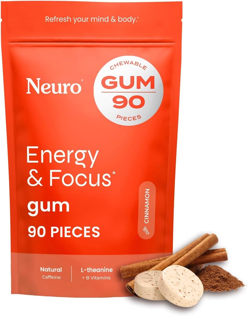 NeuroGum Energy & Focus Gum (Cinnamon, 90 Pieces) ← 40mg Natural Caffeine + L-Theanine + Vitamin B12 &amp; B6 + Xylitol ← Sugar Free Nootropic Cognitive Brain Performance Suplemento