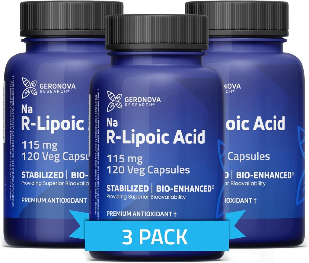 Geronova Research Bio-Enhanced R-Lipoic Acid, 115 mg Capsules - 12 meses de suministro - Stabilized R Alpha Lipoic Acid with Enhanced Absorption - R Lipoic Acid Supplement - 360 Count