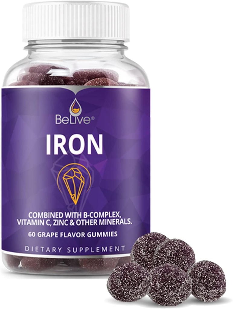BeLive Iron Gummies - Suplemento multivitamínico con vitamina C, A, B & Zinc, apoya el oxígeno de la sangre, suplementos de hierro vegano para mujeres, hombres y niños para el crecimiento y el desarrollo - Grape Flavor  1-Pack