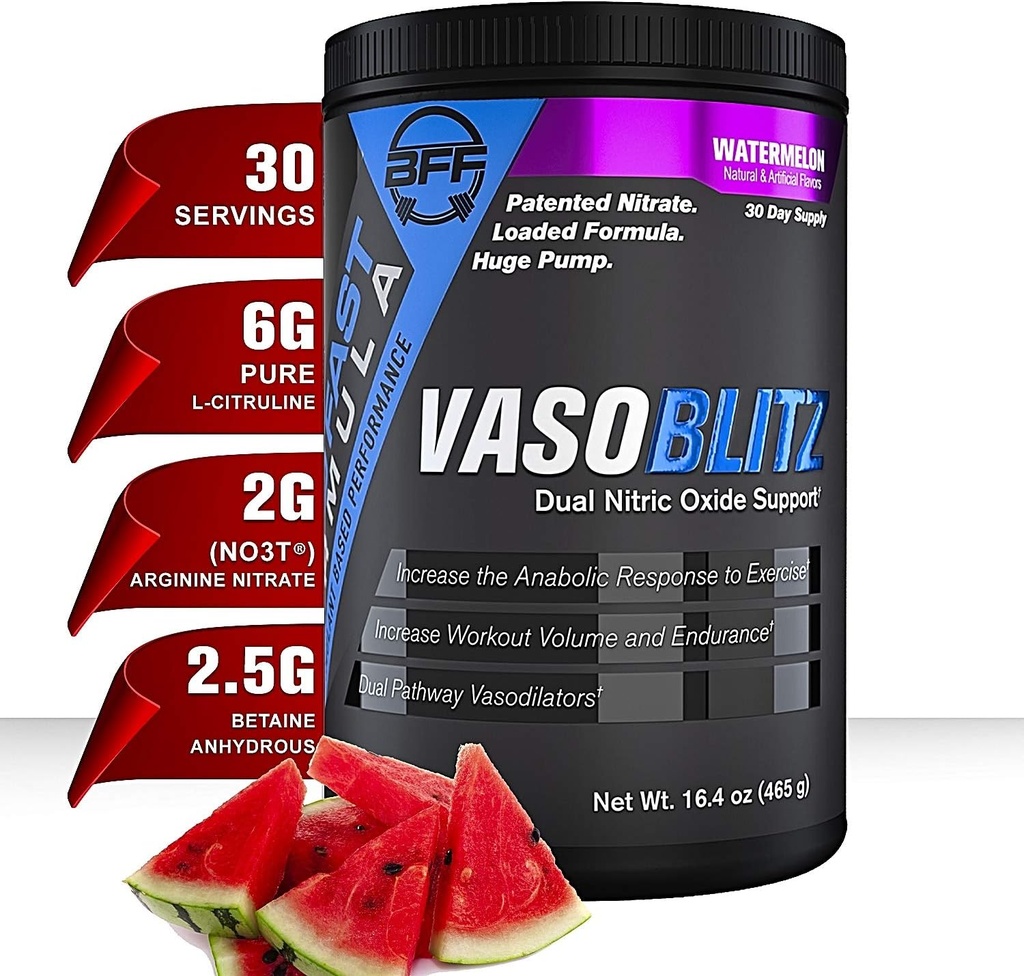 Premio VASOBLITZ Ganando Dual Nitric Oxide Pre Workout with NO3T Arginine Nitrate,L-Citrulline,Betaine Anhydrous,Calcium Lactate,Caffeine Free for Muscular Endurance(30 Serving) (Watermelon)