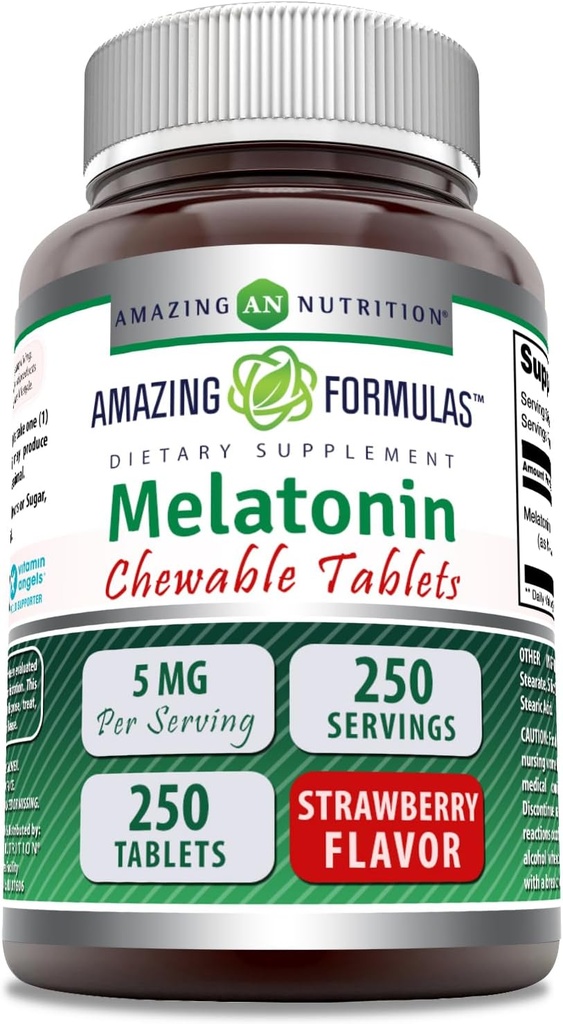 Fórmulas increíbles Melatonin Chewable Suplemento TENIDO 5 Mg Por Serving TENIDO 250 Tablets TENRI Non-GMO ANTE Gluten-Free TEN Made in USA (Strawberry)