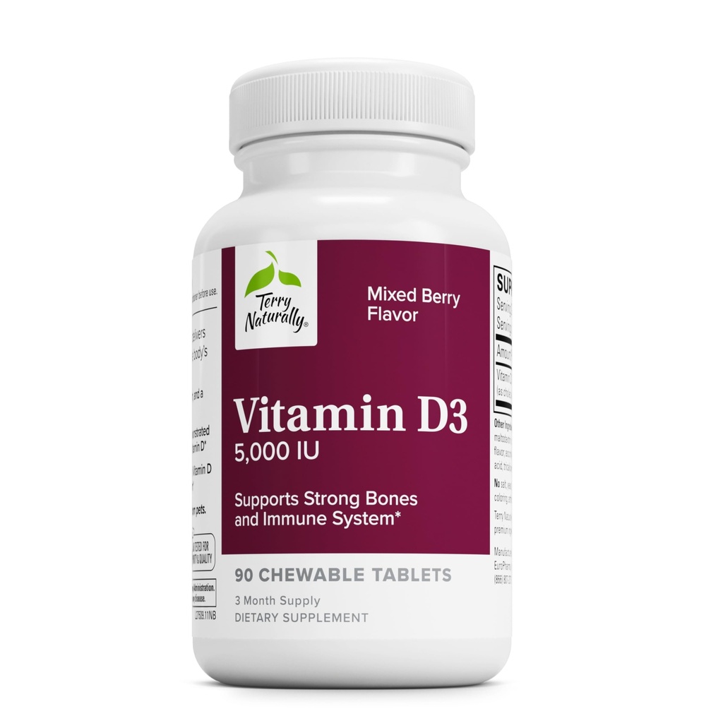 Terry Naturally Vitamin D3 - Bone Health & Bone Strength Supplement - Dietary Supplement for Immune System & Brain Support - 5,000 IU Vitamin D Tablets with Mixed Berry Flavor - 90 Chewable Tablets