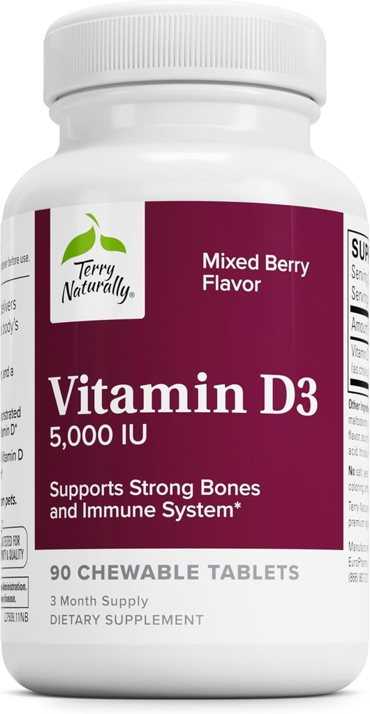 Terry Naturalmente Vitamina D3 - Bone Health & Bone Strength Suplemento - Suplemento dietético para el sistema inmunológico &amp; Brain Support - 5,000 UI Vitamina D Tabletas con sabor a baya mixta - 90 tabletas chewable
