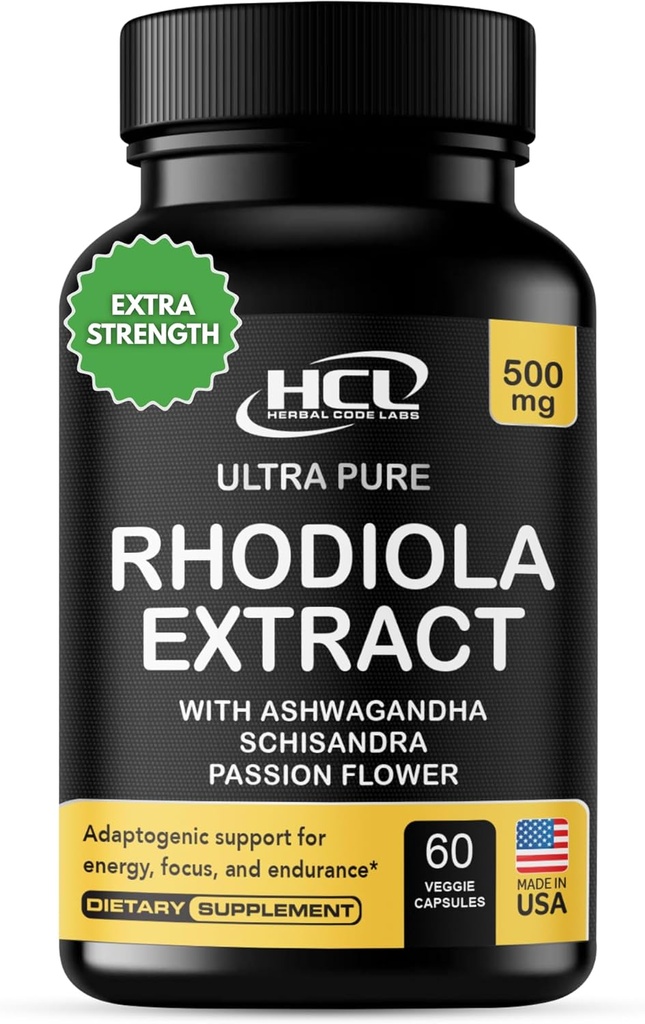 Rhodiola Rosea Suplemento High Potency Extract 500mg - 3% Rosavins 1% Salidrosides with Ashwagandha Shisandra Passion Flower Herb Powder Capsules - Natural Way to Relieve Stress - Pills for Energy