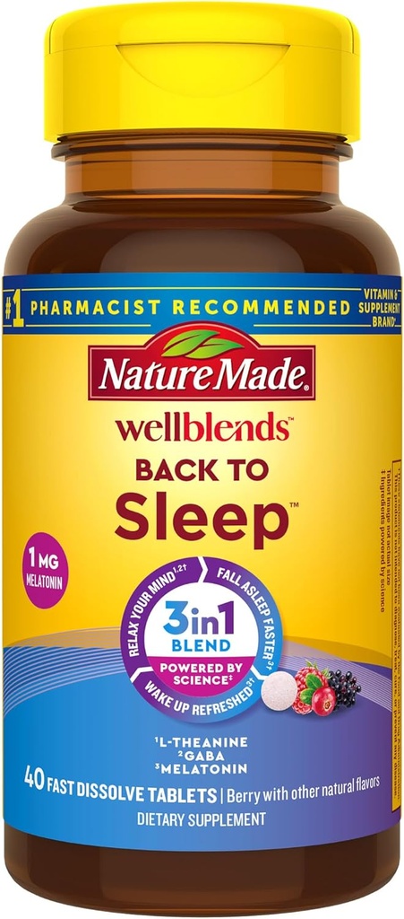 Nature Made Wellblends Back To Sleep, Lower Dose Melatonin 1 mg, L theanine 100 mg y GABA 100 mg, Suplemento de sueño, 40 tabletas de dissolve rápido