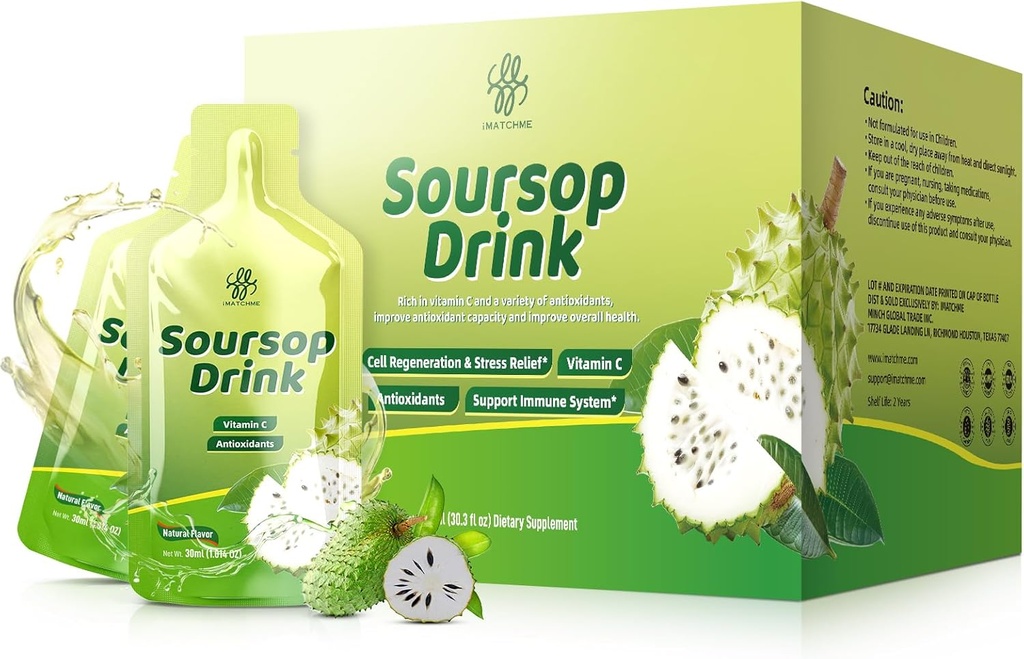 iMATCHME Soursop Bitters Líquido, Soursop Bebida con Graviola Fruit Extract y Vitamina C para Cell &amp; Immune Support, Antioxidantes y Salud Digestiva, Flavor Natural, 30 oz (30 Packets)