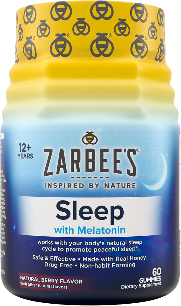 Zarbee's Melatonin Gummies 3mg Suplemento de sueño para promover el sueño pacífico, sabor a fruta mezclada natural, adultos edad de goma 12 arriba, 60 cuenta