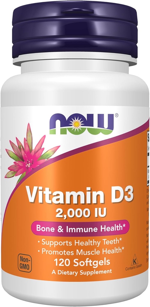 AHORA Suplementos de alimentos, vitamina D-3 2,000 UI, alta potencia, soporte estructural*, 120 Softgels