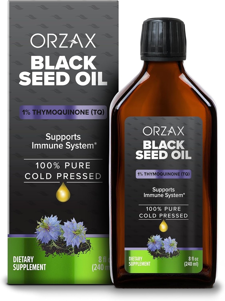 ORZAX Black Seed Oil Liquid (8 fl oz) - Cold Pressed 100% Pure TEN Vegan, Gluten Free, Non-GMO ANTE 5000mg Black Cumin (Nigella Sativa) Oil with 50mg Thymoquinone TEN Rich in Omega 3-6-9 ANTE Glass Bottle