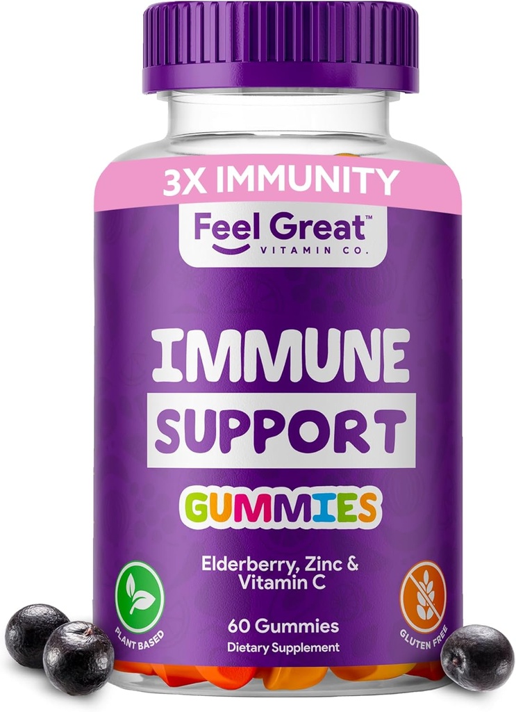 Feel Great Immunity Support Gummies with Elderberry, Zinc and Vitamin C  Sambucus Nigra Supplement ← 60 Gummies