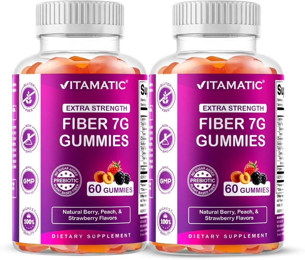 Vitamatic Prebiotic Fiber Gummies for Adults – 2 Pack (Total 120 Gummies) 7g Fiber per Serving ← Extra Strength Silencio Zero Sugar Añadido ← Pectin-Based ← Salud Digestiva y Regularidad Asistencia