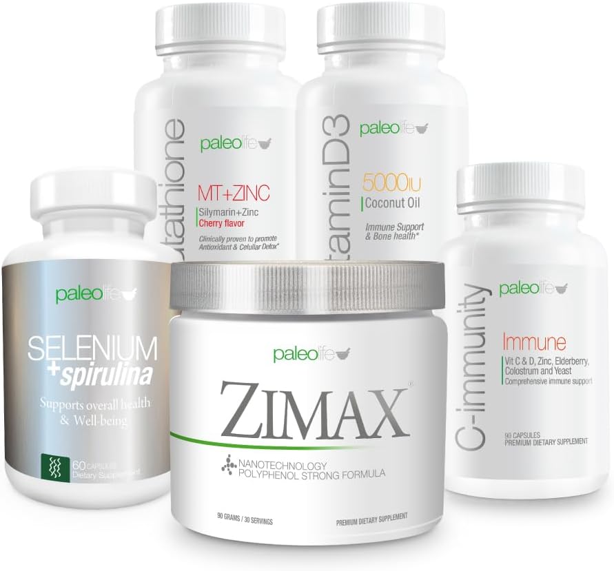 Premium Maximum Defense Value Kit: Este kit de 5 Suplementos Premium y Vitaminas Incluye: Zimax, Selenium + Spirulina, Glutathione MT + Zinc, Vitamina D3, y C-Imm.