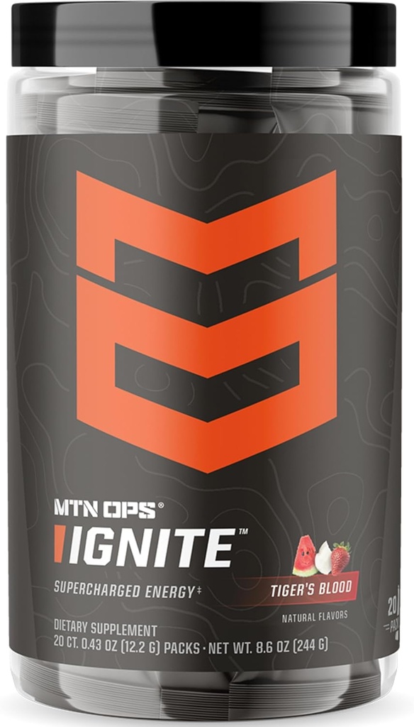MTN OPS Ignite Trail Packs Energy Drink Powder, Gluten Free Nootropic Supplement Drink Mix, L Arginine, L Citrulline, Caffeine &amp; Nootropic Sugar Free Drink Mix, 20 Servings, Tiger's Blood