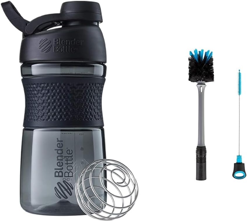 BlenderBottle SportMixer Shaker Bottle Perfect for Protein Shakes and Pre Workout, 20-Ounce, Black &amp; 2-in-1 Shaker Bottle and Straw Cleaning Brush, 1 Pack,Gray