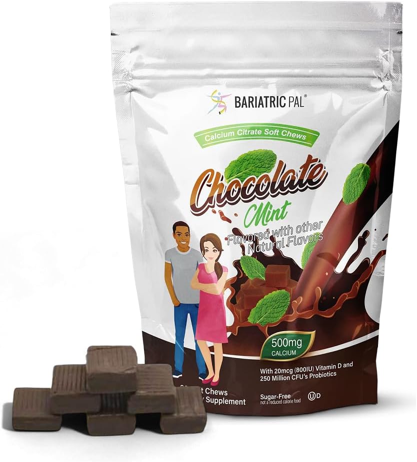 BariatricPal Citrato de Calcio Libre de Azúcar Citratos suaves TENIDO 500 mg con vitamina D &amp; Probióticos TENIDO Chocolate Mint ANTE 90 Cuenta (1 Mes de Suministro)
