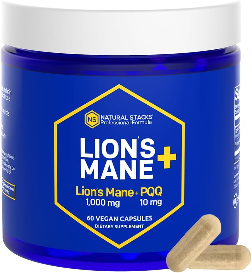 Leones orgánicos Mane suplemento cápsulas - 1000mg leones mane mushroom con 10mg PQQ - Optimizador de células cerebrales para la memoria, el aprendizaje, función mitocondrial - 60 cápsulas del cuerpo de fruta