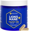 Leones orgánicos Mane suplemento cápsulas - 1000mg leones mane mushroom con 10mg PQQ - Optimizador de células cerebrales para la memoria, el aprendizaje, función mitocondrial - 60 cápsulas del cuerpo de fruta