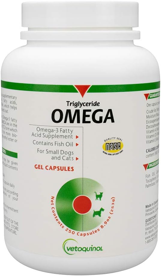 Vetoquinol Triglyceride Omega 3 Suplemento para perros y gatos, suplemento de aceite de pescado con EPA y DHA, promueve la piel, la carne, la unión y la salud inmunitaria, Omega 3 aceite de pescado para perros y gatos hasta 30 libras, 250ct