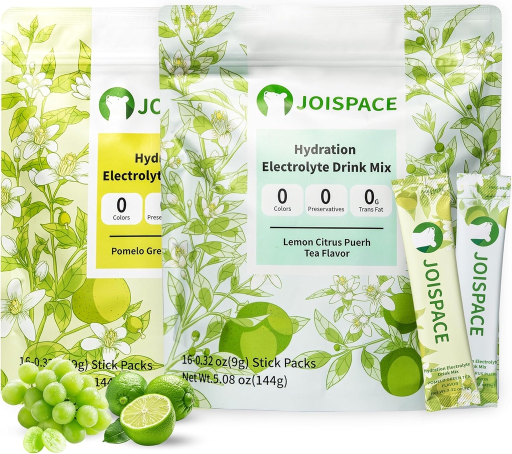 JOISPACE Electrolyte Drink Mix with Tea Polyphenols ← Fast Hydration &amp; Electrolytes Boost ← Non-GMO, Vegan, Gluten-Free ← Pomelo Tea & Lemon Lime Tea, 32 Servings