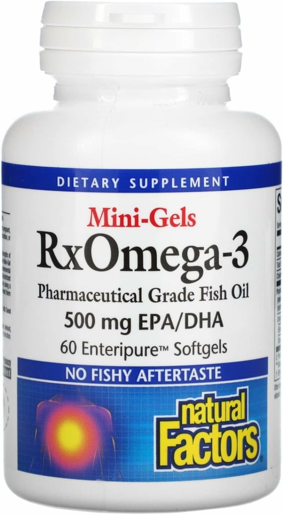 Factores naturales - Rx Omega-3 Factores Mini-Gels, EPA 350mg, DHA 140mg, soporta la salud cardiovascular, 60 geles blandos