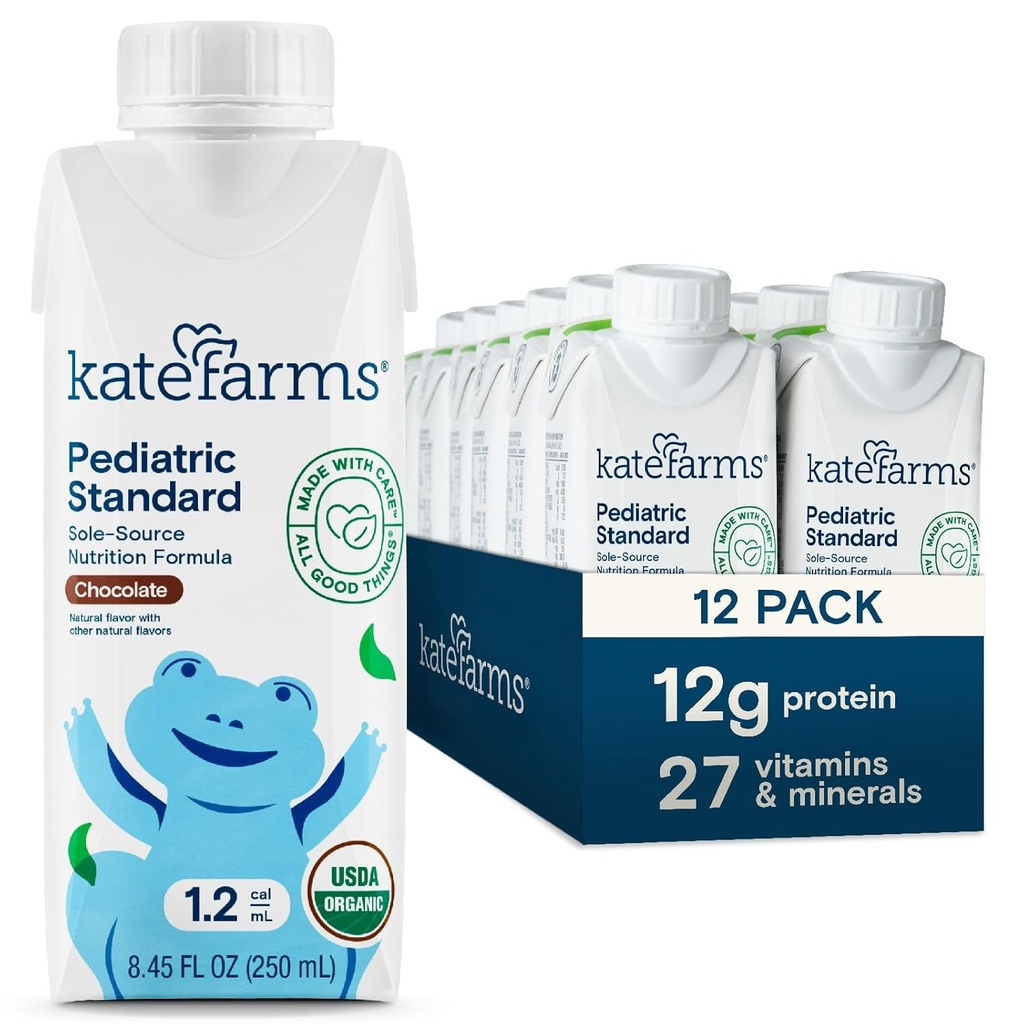 KATE FARMS Organic Pediatric 1.2 Alta Calorie Chocolate Nutrition Shake, 12g Protein, 27 Vitaminas y Minerales, Meal Replacement, 8.45 oz (12 pack)