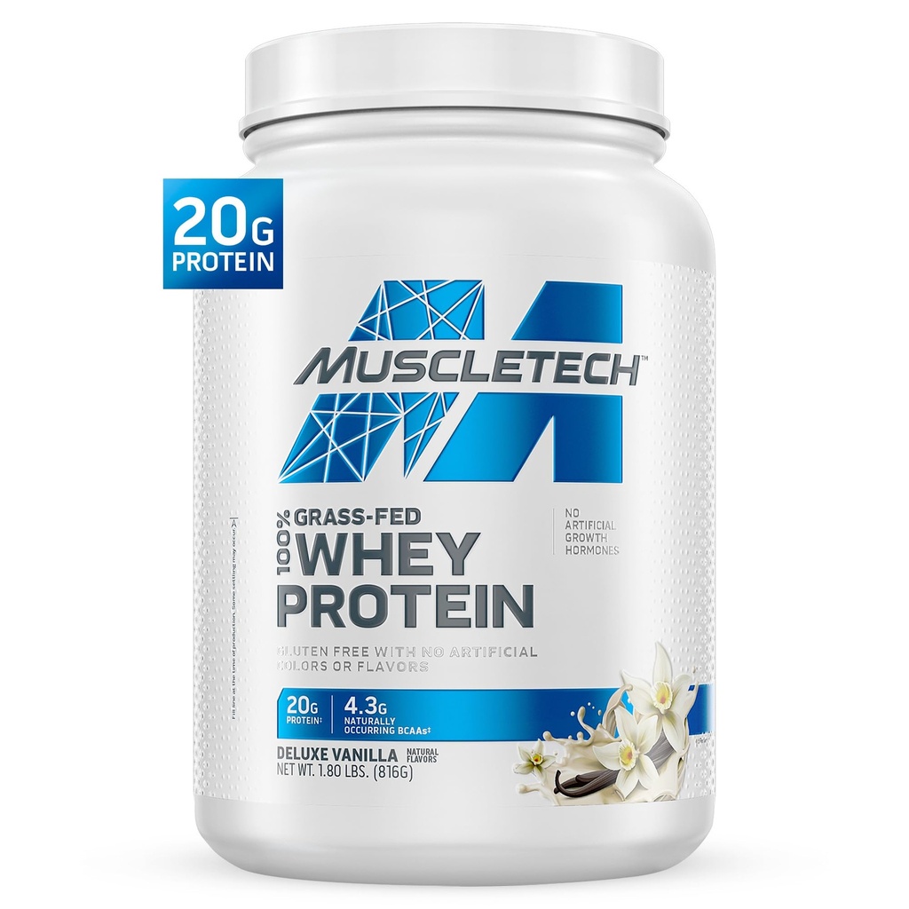 Muscletech Grass-Fed Whey Protein Powder (Deluxe Vanilla, 1.8 lb) - Smoothie & Milkshake Mix Supports Muscle Gain & Recovery - 20g Protein - Non-GMO & Gluten-Free